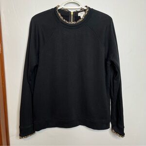 J. Crew Black Sweatshirt Leopard Print Trim Long Sleeve Gold Zipper Large EUC